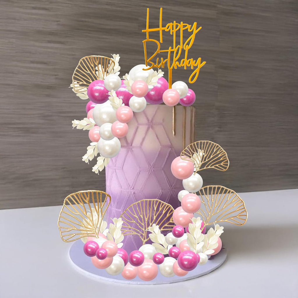 Gyufise 57Pcs Balls Cake Topper Boho Grass Cake topper Pearl Balls Acrylic Happy Birthday Cake Decorations for Wedding Baby Shower Birthday Boho Themed Party Supplies Rose Red
