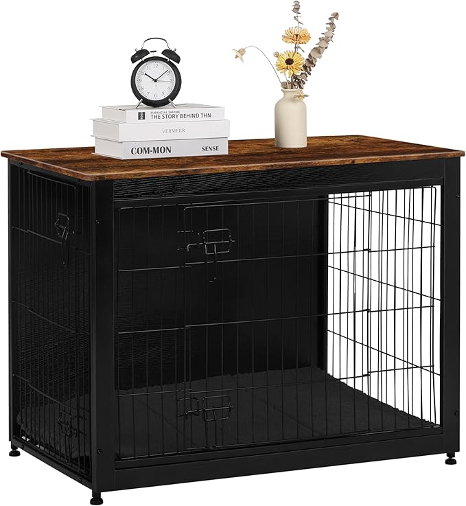 DWANTON Dog Crate Furniture with Cushion, Wooden Kennel Table with Double Doors, Indoor Dog House, Large Size, 38.5" L, Black+Rustic Brown-PawvioPets