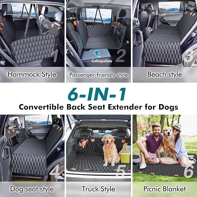 Back Seat Extender for Dogs-Supports 400lb,Hard Bottom Dog Car Seat Cover for Back Seat -Detachable,Scratch Proof Nonslip,Dog Hammock for Car,Truck with Anti-Slip Dispensing-PawvioPets