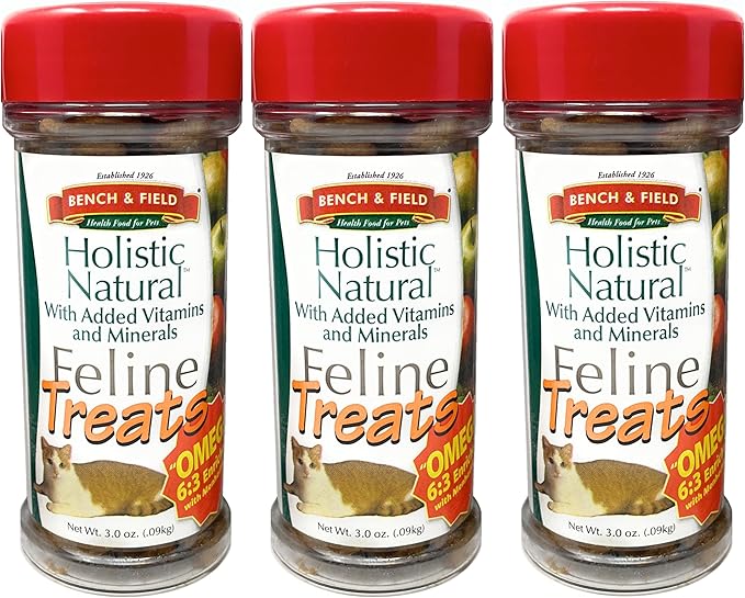 Bench & Field Holistic Natural Healthy Kitty Cat Treats | Crunchy Fish-Shaped Bites | Delicious Seafood Flavored Snack, 3-Ounce (Pack of 3 Bottles)-PawvioPets