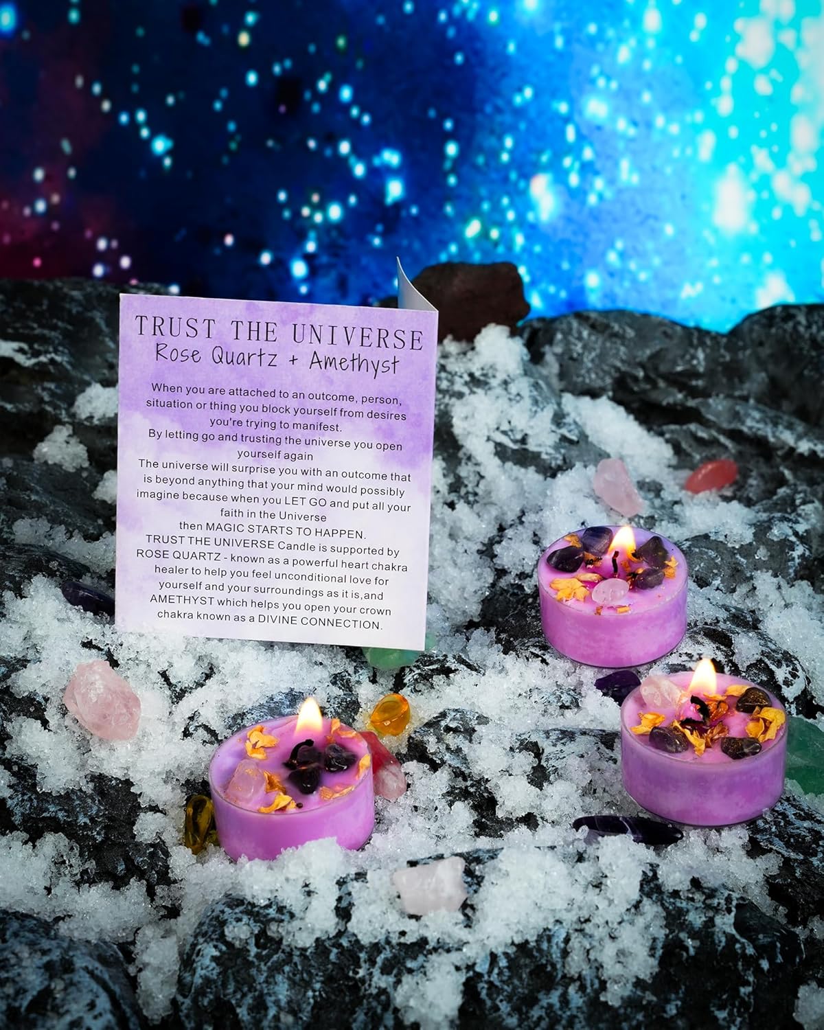 Tealight Soy Candles with Crystals And Herbs, Handmade Energy Candles, Healing Crystal Soy Candles, Aromatherapy Candles. (Purple)