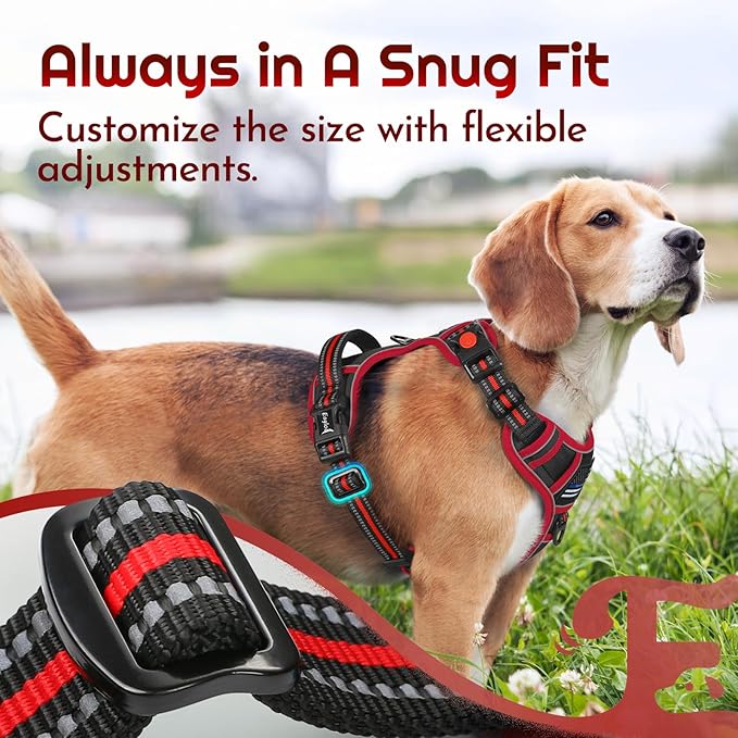 Eagloo Dog Harness Medium Sized, Easy Wearing with 3 Buckles, Adjustable No Pull Pet Harness with 2 Rings for Walking, No Chock Reflective Soft Padded Vest with Control Handle, Black & Red, M-PawvioPets