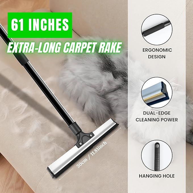 2025 Dual-Edge Carpet Rake for Pet Hair Removal & Fluffing Matted Carpet – 61" Adjustable Handle, Deep Clean Dog & Cat Hair Remover, Reusable Scraper for Rugs, Low Pile Carpet, Couch & Stairs-PawvioPets