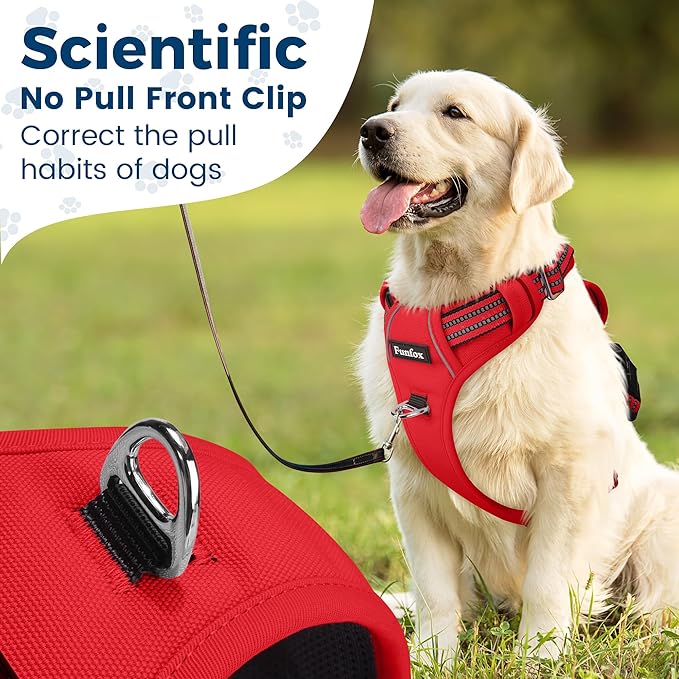 Funfox Dog Harness No Pull, Adjustable Pet Vest Harness, Super Soft Material with Vertical Handle Easy Control, Reflective Night Walking, 2 Leash Clips for XLarge Dogs, Red, XL-PawvioPets