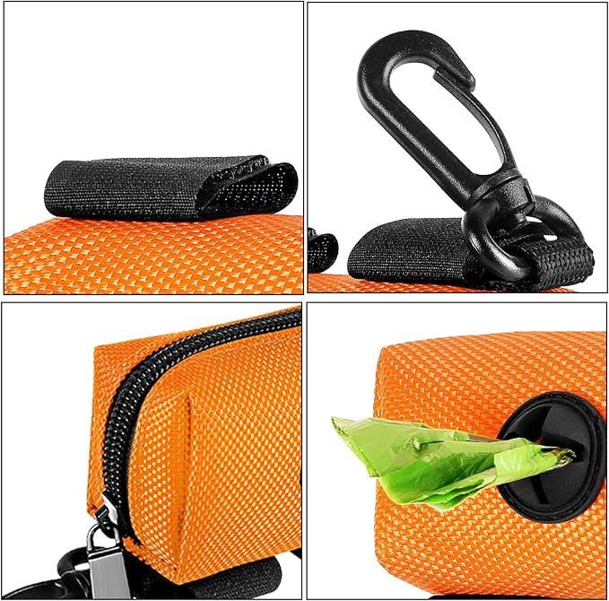 Dog Waste Bag Dispenser Pet Poop Bags Holder for Doggie Waste Bags Dispensers Soft Fabric Zipper Small Doggy Puppy Pouch for Leash Accessory Attachment with Carrier,Orange-PawvioPets