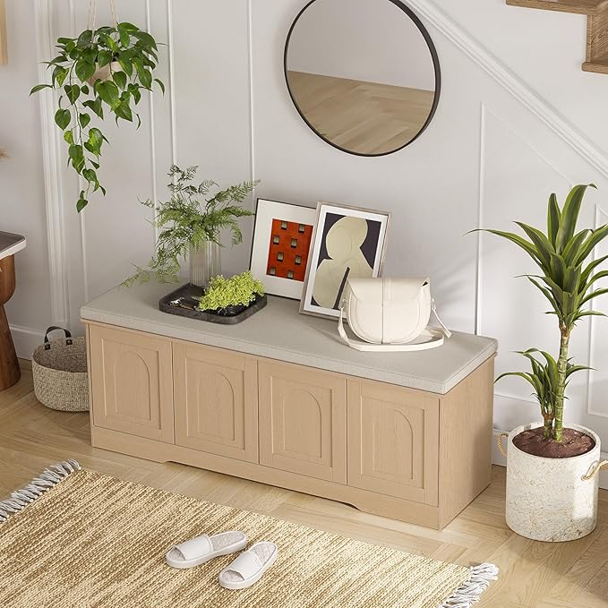 DINZI LVJ Shoe Bench, Entryway Storage Bench with Doors, Cushion, 2-Tier Shoe Rack with 8-Cubby, 47.2”L x 13.8”W Shoe Organizer Cabinet, Adjustable Shelf, Living Room, Bedroom Natural-PawvioPets