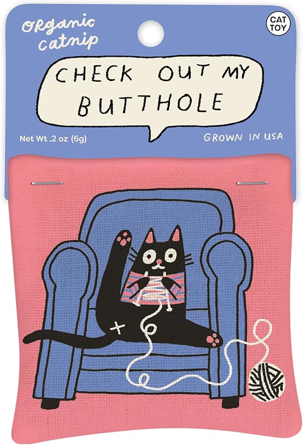 Blue Q Check Out My Butthole Catnip Cat Toy. Premium Organic 'Nip Grown in The USA, 100% Cotton Pouches, Kitty Graphics Sure to Delight Every Cat-Keeper.-PawvioPets