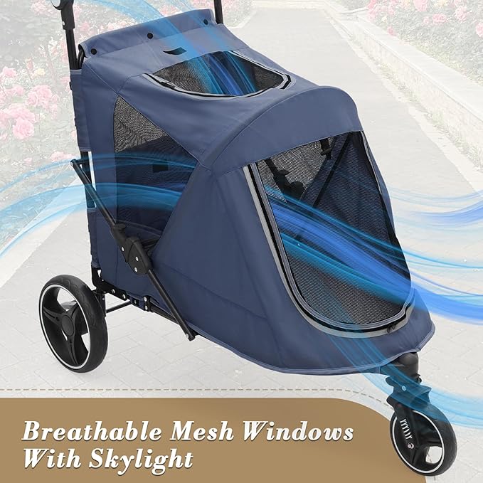 Athena Collection 3 Wheels Pet Stroller Fabric Dog Cart Dog Stroller for Large Dogs 55 Lbs Pet Stroller with Mesh Windows, Zipper Back Pocket, Safety Tether, Angle Adjustable Handlebar, Navy Blue-PawvioPets