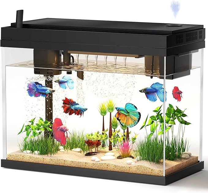 Fish Tank with Desktop Humidifier, 2.38 Gallon Quiet Eco Aquarium,Smart Touch LED Light & Temperature Display, Glass Mini Fish Tank-PawvioPets