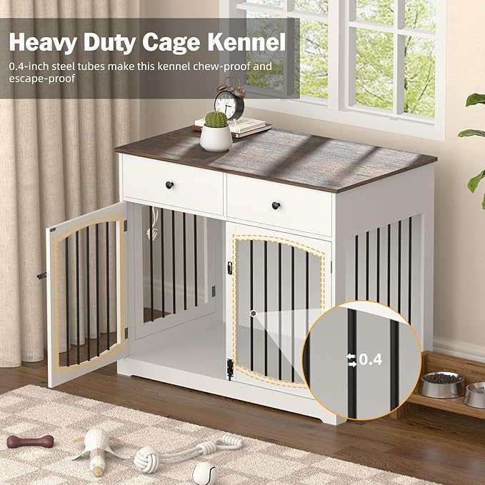 40 Inch Furniture-Style Dog Crate-Multipurpose Wood Pet Crate Furniture with Double Doors,2 Drawers, Decorative Dog House Indoor for Smal/Medium Dogs, White Finish-PawvioPets