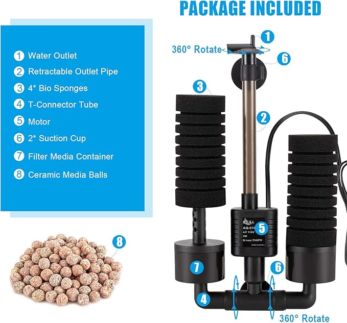 AQQA Aquarium Sponge Filter, Power Driven Double Biochemical Water Filter, Quiet Submersible Foam Filter with 2 Extra Sponges, 1 Bag of Filtered Ceramic Balls for Fresh and Salt Water Fish Tank (S)-PawvioPets