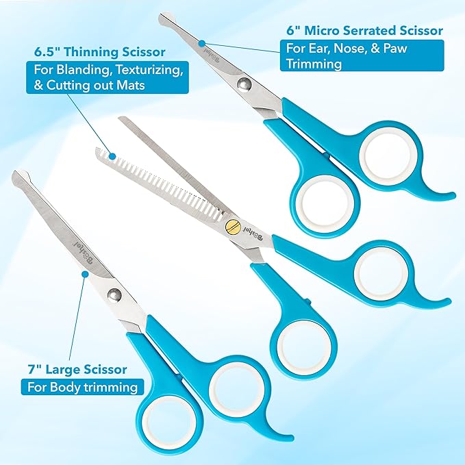 BOSHEL 3 Pc Dog Grooming Scissors Kit - 7" Scissor For Body Hair Trimming, 6" Small Micro-serrated Scissor For Face, Ear, & Paws, Thinning Shears For Dogs - Professional Dog Grooming Kit For Cat & Pet-PawvioPets