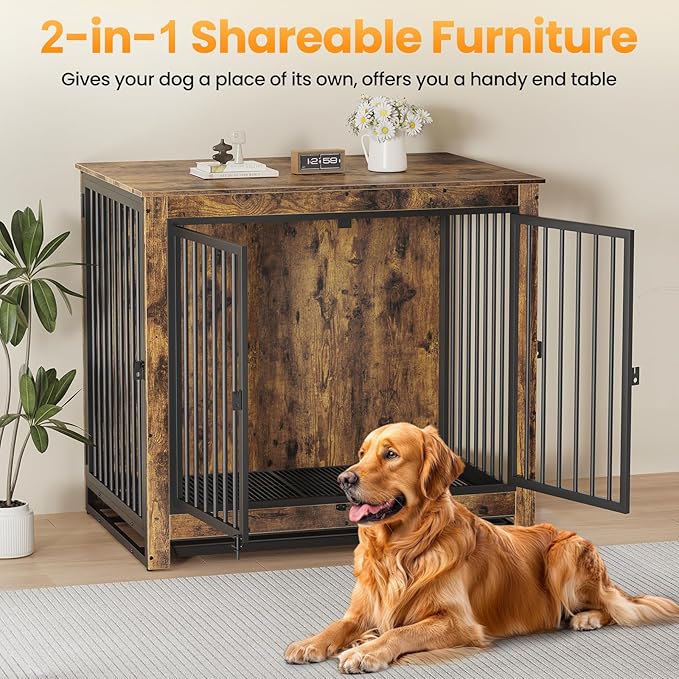 Dog Crate Furniture, Large Dog Crate Furniture, Wooden Cage Kennel Furniture Indoor, Modern Dog Crate with Multi-Purpose Removable Tray, Double-Doors Dog Furniture, Rustic Brown-PawvioPets