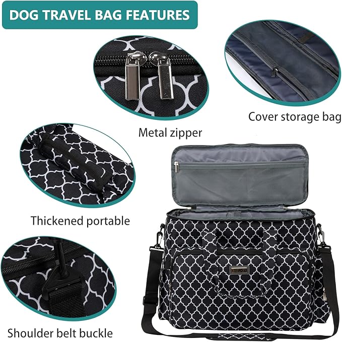 BAGLHER Dog Travel Bag, Pet Travel Bag (ALL Pet Travel Supplies), With 2 Pet Food Containers and 2 Collapsible Silicone Bowls; Essential Kits for Pet Travel DLblack-PawvioPets