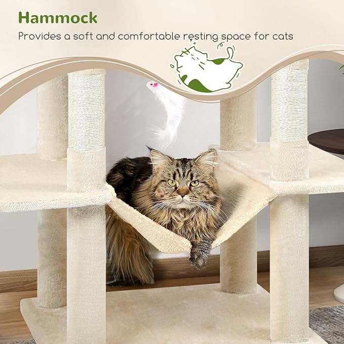 Globlazer Cat Tree Tower, 76-Inch Extra Tall Multi-Level Cat Furniture with Cozy Condos, Hammock and Perches for Adult Cats, Perfect for Climbing, Scratching, and Play, F76, Beige-PawvioPets