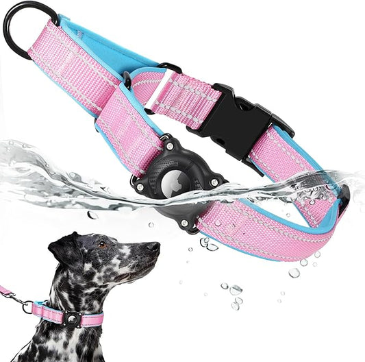 Airtag Dog Collar with Martingale Design, IP68 Waterproof Air Tag Collar Holder, Adjustable Reflective Soft Padded Nylon Dog Collar for Large Medium Small Dogs-PawvioPets