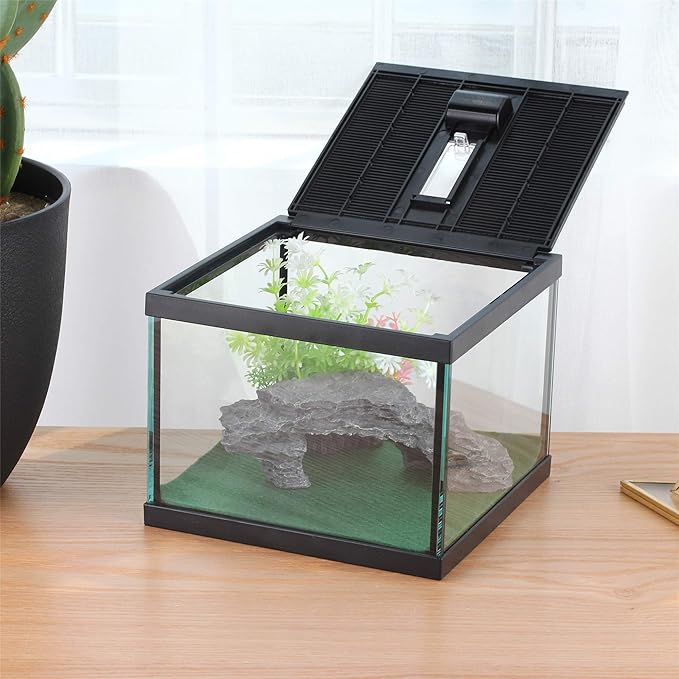crapelles Glass Lizard Tank, Spider Box Kit, 7.8x7.8x5.9'' Tarantula Feeder Insects Beetle Habitat, Amphibians Terrarium for Small Pet, with Washable Mat, Resin Rock Shape Hideout, Artificial Flower-PawvioPets