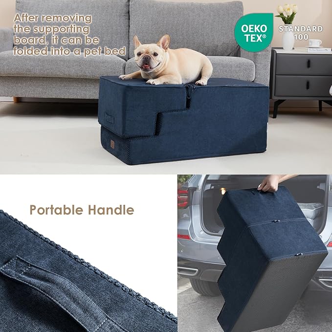 EHEYCIGA Dog Stairs for High Bed 22.5" H, 5-Step Dog Steps for Bed, Pet Steps for Small Dogs and Cats, Non-Slip Balanced Pet Ramp Indoor, Navy Blue-PawvioPets