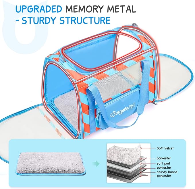 BurgeonNest Cat Carrier, Dog Cat Carriers for Large Medium Cats Under 20 lbs, Soft Sided Pet Carrier, Collapsible Travel Carry Puppy Kitten Cat Carrier with Big Side Bag (Medium, Blue-Orange)-PawvioPets