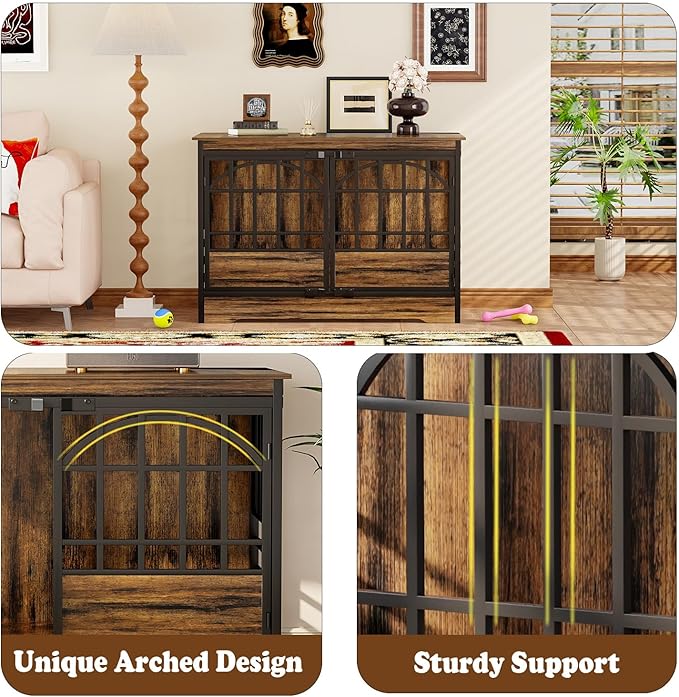 COZPAW 52 Inch Dog Crate Furniture, Extra Large Dog Kennel Indoor for XLarge Breed, Heavy Duty Dog Cage with Double Elegant Arched Doors, Decorate as TV Stand & End Table-Retro Brown-PawvioPets