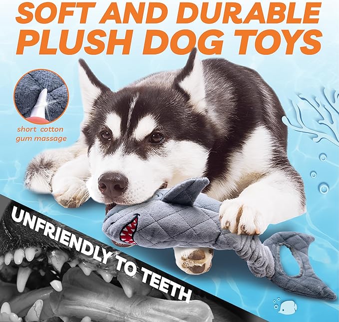 Dog Toys for Small Dogs, Squeaky Tough Dog Toys for Aggressive Chewers, Plush Dog Chew Toys for Teething, Interactive Shark Dog Toys to Keep Them Busy, Puppy Toys for Small, Medium,Large Breeds-PawvioPets