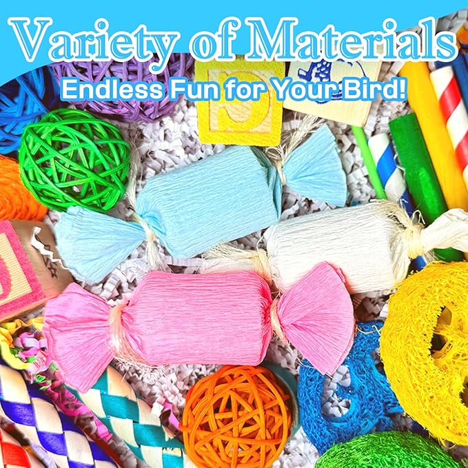 Colorful Bird Foraging & Shredding Toys Box – Safe Bird Toys for Parakeets, Cockatiels, Conures & Small Birds, Perfect for Spring and Summer-PawvioPets