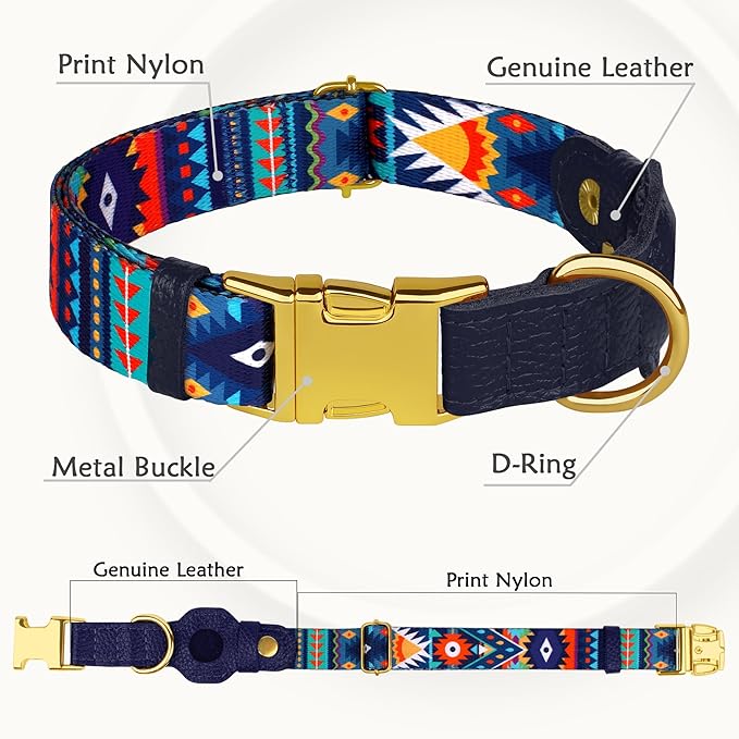 AirTag Dog Collar for Small Medium Large Breed - Adjustable Cute Pattern Dog Collar with Airtag Holder - Soft Leather Tracker GPS Apple Air Tag Pet Collars (Small, 12"-15" Neck Fit, Navajo)-PawvioPets