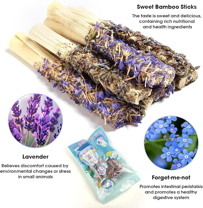 Abizoo Sweet Bamboo Rabbit Chew Sticks Treats and Toys 8Pcs Natural Hay with Forget-Me-Not Lavender for Bunny Guinea Pig Chinchilla Dental Care-PawvioPets