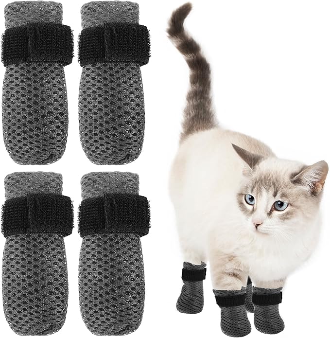 4Pcs Cat Shoes, 3.62×1.57 Inches Anti Scratch Cat Mittens, Breathable Mesh Nail Caps for Cats Claws, Adjustable Cats Claw Covers for Pet Bathing Feeding Cutting Nails(Gray)-PawvioPets