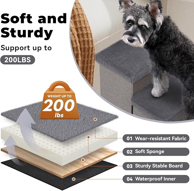 Dog Stairs with Furry Lids 18" H, 3-Step Wider Dog Steps with Storage for Small/Medium/Large Old Dogs Cats, Folding Sturdy Pet Stairs Climbing Bed Couch, Ramp for Car Hold Up to 200 lbs, Grey-PawvioPets