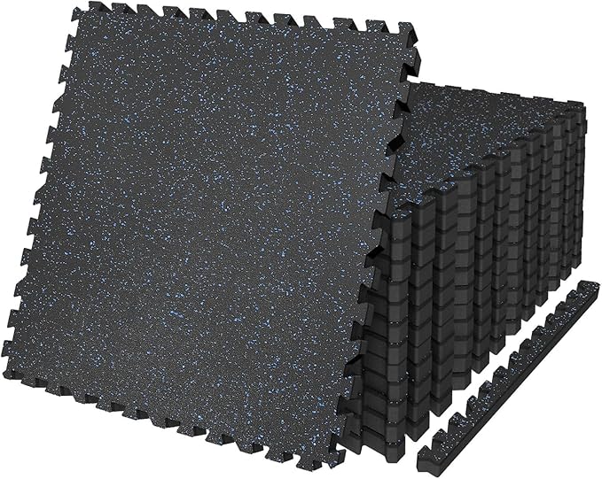 AIRHOP 0.79in Thick 48 Sq Ft Exercise Equipment Mats, 12 Tiles Upgraded Rubber Top with High Density EVA Foam, Large Interlocking Puzzle Gym Flooring for Home Gym, Heavy Weight Workout,Black & Blue-PawvioPets