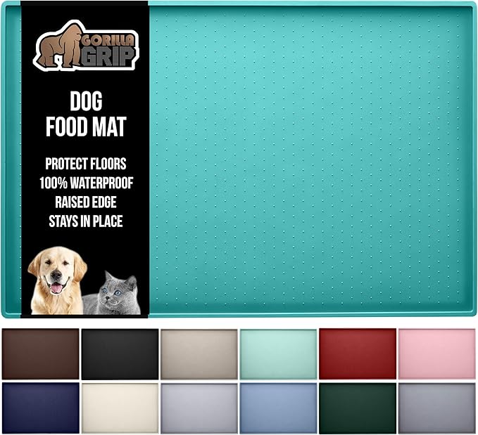 GORILLA GRIP 100% Waterproof Raised Edge BPA Free Silicone Pet Feeding Mat, Dog Cat Food Mats Contain Spills Protects Floors, Placemats for Cats and Dogs Water Bowl, Pets Accessories 23x15 Turquoise-PawvioPets