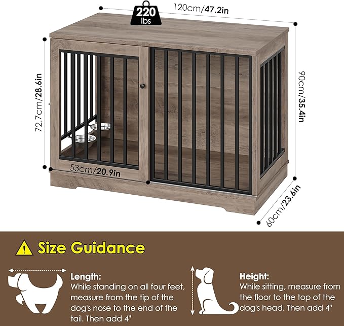 Dog Crate Furniture 47” Large Dog Kennel for Dogs Indoor, Heavy Duty Dog Cage with Sliding Door and 2 SUS Bowls Wooden End Table in Living Room for Small Medium Large Dogs, Rustic-PawvioPets