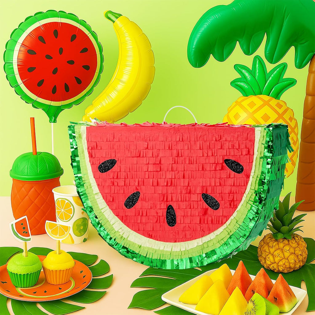 WERNNSAI Watermelon Piñata - Fruit Theme Summer Birthday Party Decorations Kids Fruit Pinata with Blindfold and Bat for Summer Tropical Party Supplies Fiestas Carnival Game