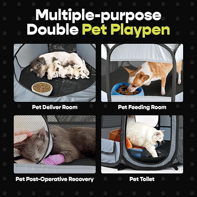 EighteenTek XLarge 2-in-1 Pop up Dog Playpen, Assembly-Free, with Leakproof Pet Pee Pads,Portable Foldable Cat Tent Enclosure Indoor Outdoors Puppy Kittens Small Animals Crates (L, 90" Lx45 Wx28 H)-PawvioPets