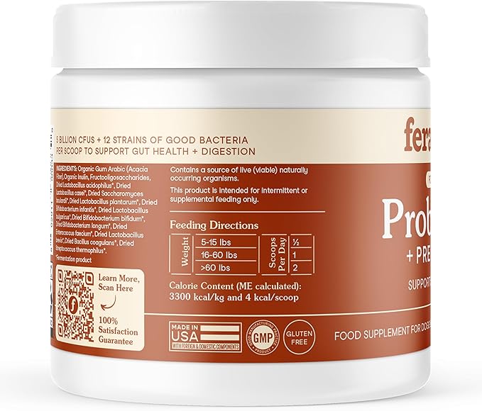 Fera Pets Probiotics for Dogs & Cats with Prebiotics - USDA Organic - Gut Health Powder Supplement with 12 Strains and 5 Billion CFUs - Supports Immunity, Energy and Skin & Coat - 60 Scoops-PawvioPets