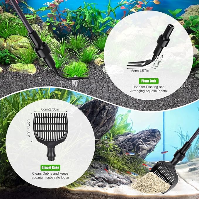 AQQA Aquarium Cleaning Tools Multifunctional 6-in-1 Fish Tank Cleaning Kits with Telesopic Handle Alage Scraper Sponge Scrubber Stiff Brush Plant Fork Gravel Rake Fish Net-PawvioPets