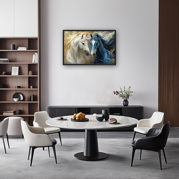 Framed Large Horse Wall Art for Living Room, Oversized Abstract Horses Wall Decor Blue and Golden Canvas Painting Animal Pictures Modern Artwork for Living Room Bedroom Office 36"x24"-PawvioPets