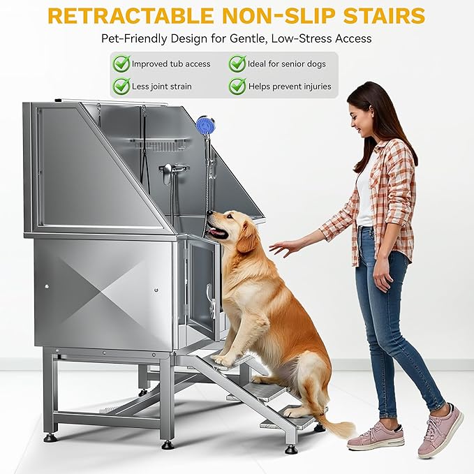 DWVO Professional Pet Dog Bathing Station for Grooming, 50'' Dog Grooming Bathtub with Left Stairs, Floor Grate, Faucet, Showerhead & Soap Holder for Large, Medium & Small Pets-PawvioPets