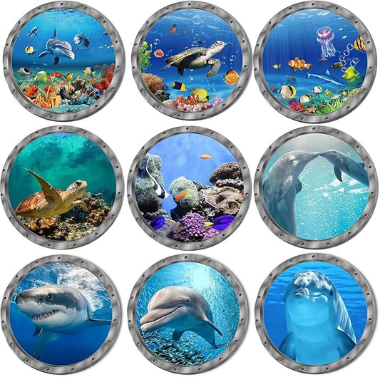 9PCS Ocean Animals World Under Sea Decor Sea Turtles Dolphins Fishes Sharks Coral Removable 3D Peel and Stick Vinyl Stickers-PawvioPets