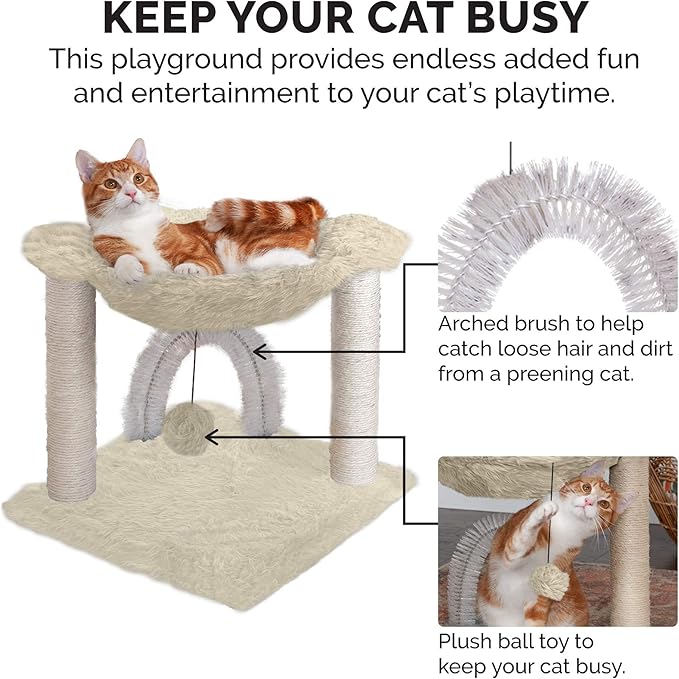 Furhaven 15.75" Tall Playground for Indoor Cats, Ft. Sisal Scratching Posts, Self-Grooming Brush, & Toy - Tiger Tough Hammock Interactive Playground - Cream, One Size-PawvioPets