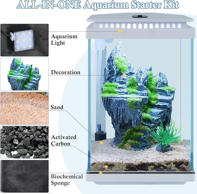FEDOUR Small Glass Aquarium, 1 Gallon Desktop Fish Tank, Betta Fish Tank, Mini Aquarium Starter Kit with Air Pump LED Light Decoration Water Changer Fish Net (White)-PawvioPets