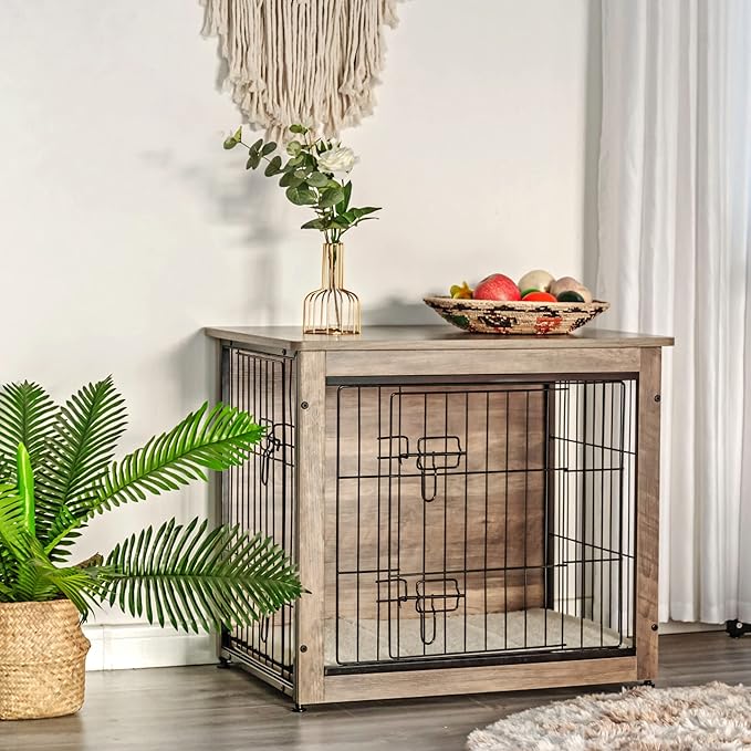 DWANTON Dog Crate Furniture with Cushion, Wooden Kennel Table with Double Doors, Indoor Dog House, Small/Medium/Large/Extra Large Size, 27.2" L, Greige-PawvioPets