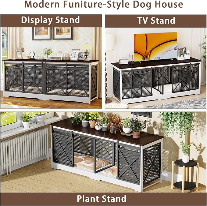 COZPAW 78 Inch Double Dog Crate Furniture, Extra Large Dog Kennel Indoor for Medium Large 2 Dogs, Heavy Duty Dog Cage Chew-Resistant Steel and Wooden Pet House with Removable Divider (White Brown)-PawvioPets