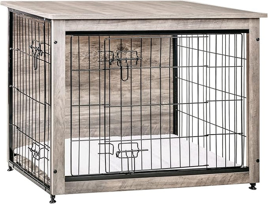 DWANTON Dog Crate Furniture with Cushion, Wooden Kennel Table with Double Doors, Indoor Dog House, Medium Size, 32.5" L, Greige-PawvioPets
