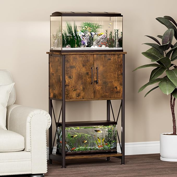 5-10 Gallon Fish Tank Stand, Metal Double Aquarium Stand with Cabinet for Fish Tank Accessories Storage, Heavy Duty 20.5" L* 11.02" W Tabletop, 500LBS Capacity Rustic Brown and Black PG06YGN-PawvioPets