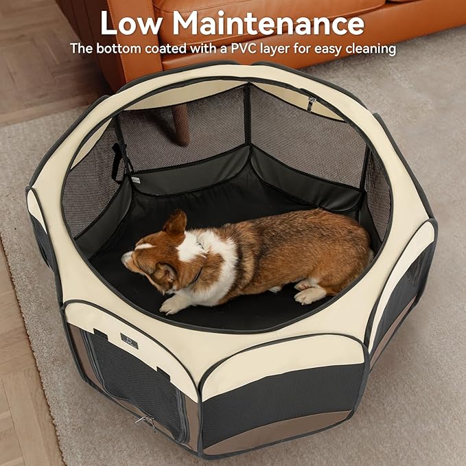 A4Pet Dog Playpen Indoor, 49” Pet Playpen with Bowl for Dogs, Kittens, and Small Animals, Removable Zipper & Mesh Panel(19”W × 12”H)-PawvioPets