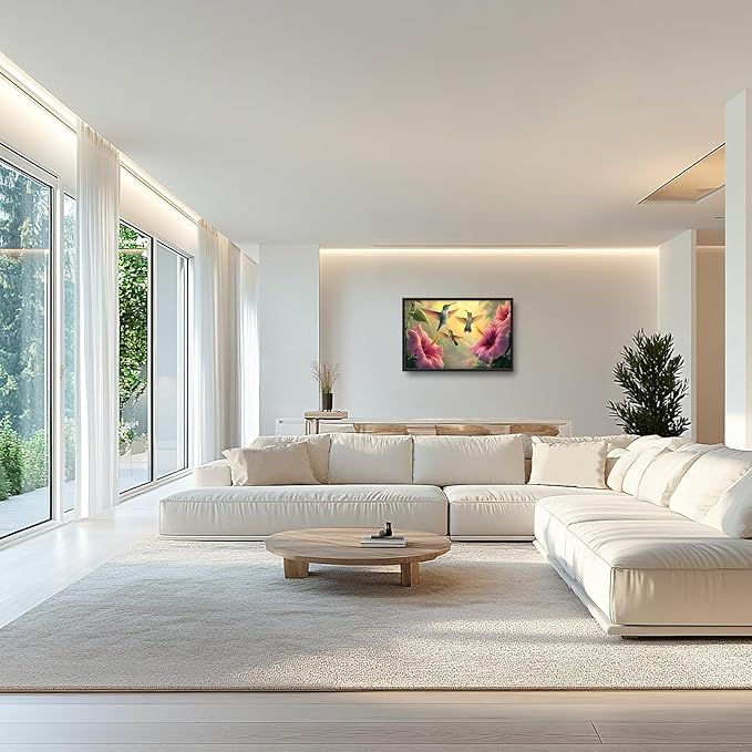 Framed Large Hummingbird Wall Art for Living Room, Oversized Rustic Bird Flower Wall Decor Floral Canvas Painting Nature Sunrise Pictures Modern Artwork for Bedroom Office Dinging Room 36"x24"-PawvioPets