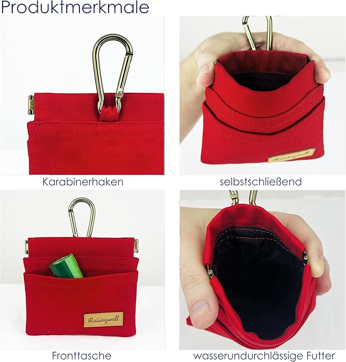 Dog Treat Pouch, Red Pocket Sized Pet Training Pouch, Cotton Fabric, Hand Free Dog Walking Bag with Carabiner, Self-Closing Pet Feed Snack Reward, for Puppy Travel or Outdoor Use-PawvioPets
