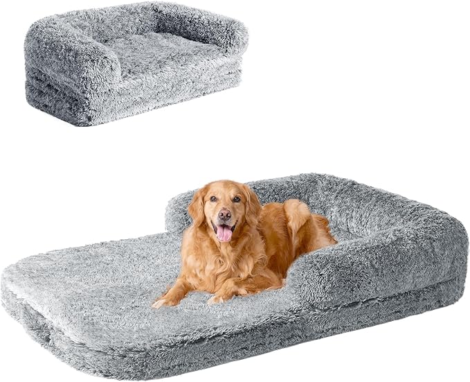 EHEYCIGA Human Dog Bed for Kids, Foldable XXL Dog Bed, Faux Fur Fluffy Pet Couch Bed, Orthopedic Calming Memory Foam Big Pet Bed, Washable Pet Sofa Bed with Non-Slip Bottom, Grey, 54"x38"x7.5"-PawvioPets